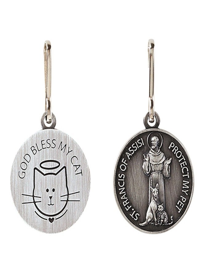 Corinth Silver Toned Saint Francis Protect My Pet Medal with God Bless My Cat Back, 1 Inch - Image 1